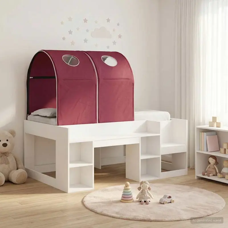 Cama con Túnel 4 pcs Blanco y Rojo Madera de ingeniería