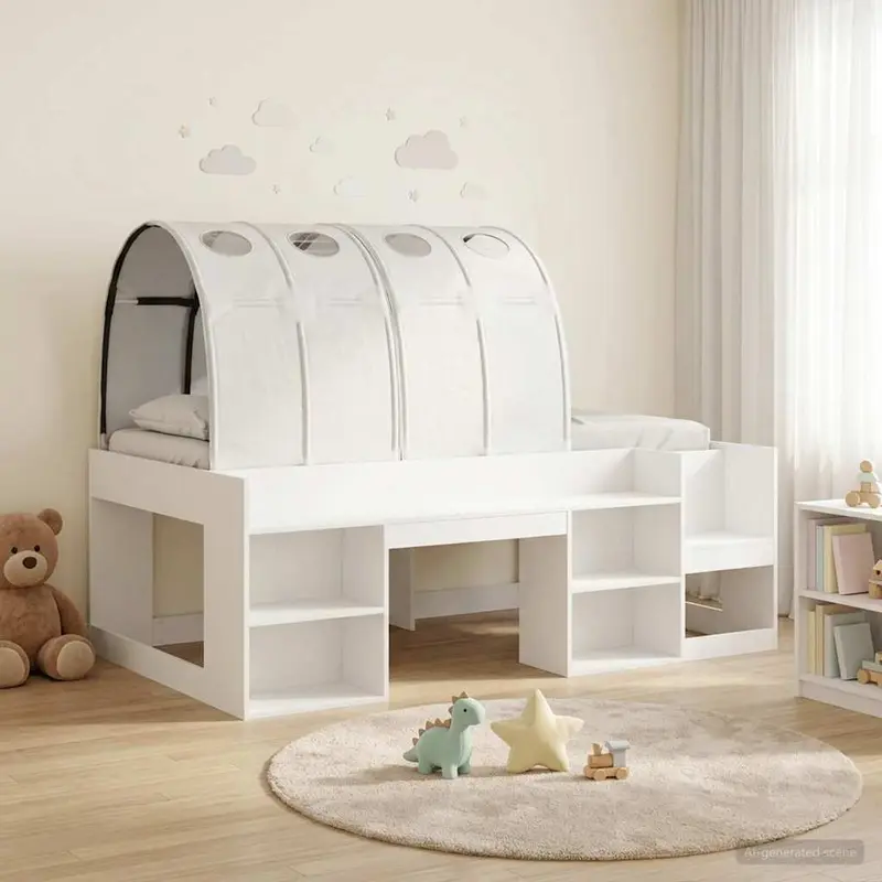 Cama con túnel con estante 3 pcs Blanco Madera de ingeniería