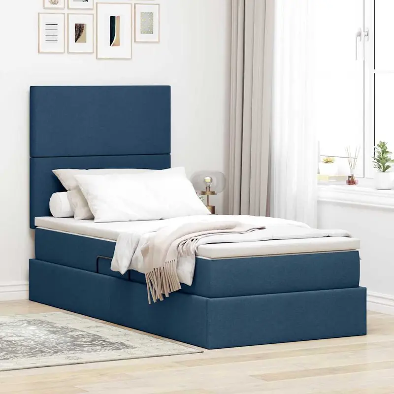 Cama de almacenamiento LED con colchón Azul 100 x 200 cm Tela