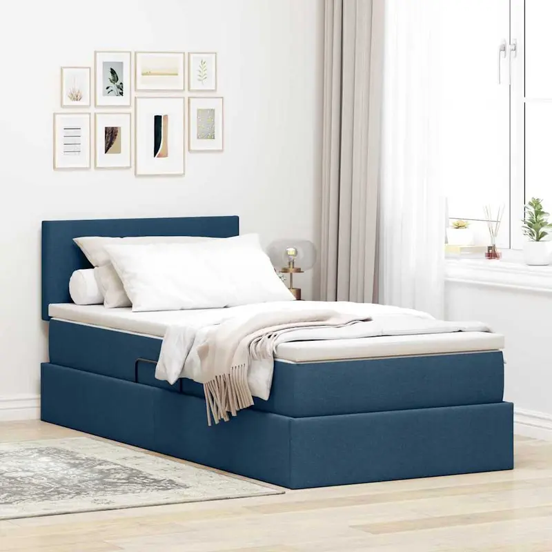 Cama de almacenamiento LED con colchón Azul 100 x 200 cm Tela