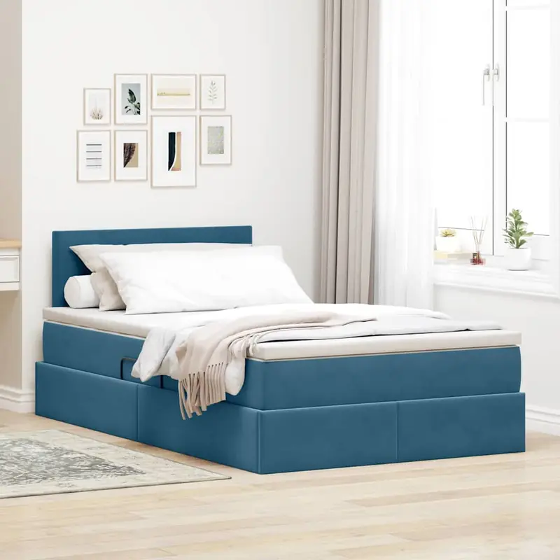 Cama de almacenamiento LED con colchón Azul Oscuro 120 x 200 cm