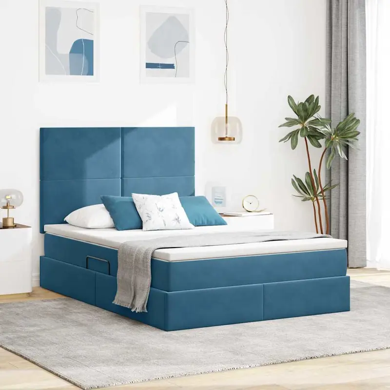 Cama de almacenamiento LED con colchón Azul Oscuro 140 x 190 cm