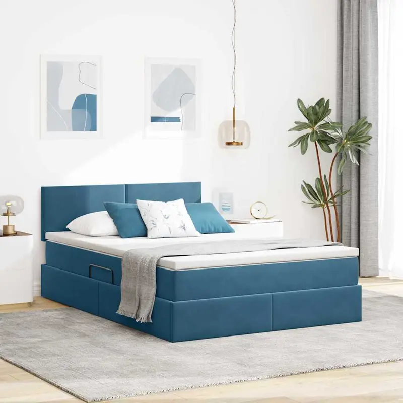 Cama de almacenamiento LED con colchón Azul Oscuro 140 x 200 cm
