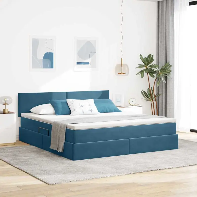 Cama de almacenamiento LED con colchón Azul Oscuro 160 x 200 cm