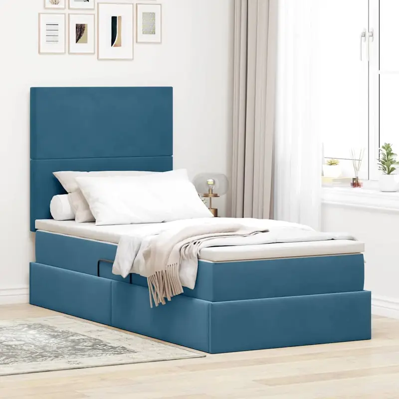Cama de almacenamiento LED con colchón Azul Oscuro 90 x 190 cm