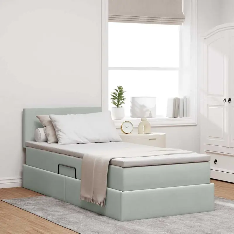 Cama de almacenamiento LED con colchón Gris Claro 100 x 200 cm