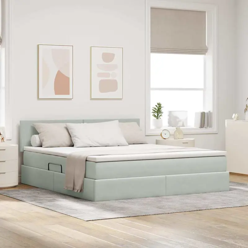 Cama de almacenamiento LED con colchón Gris Claro 160 x 200 cm