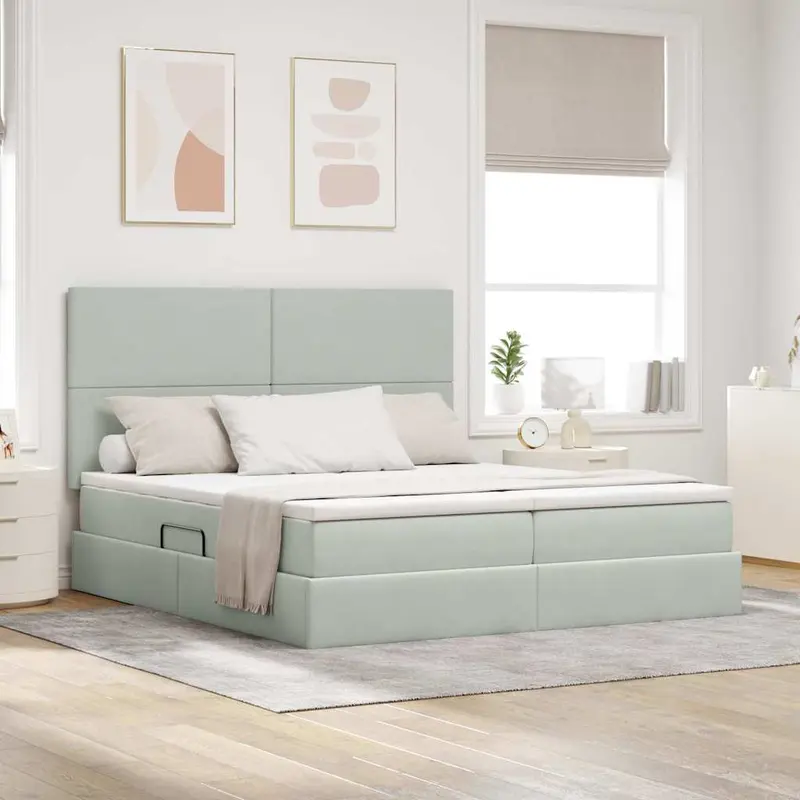 Cama de almacenamiento LED con colchón Gris Claro 200 x 200 cm