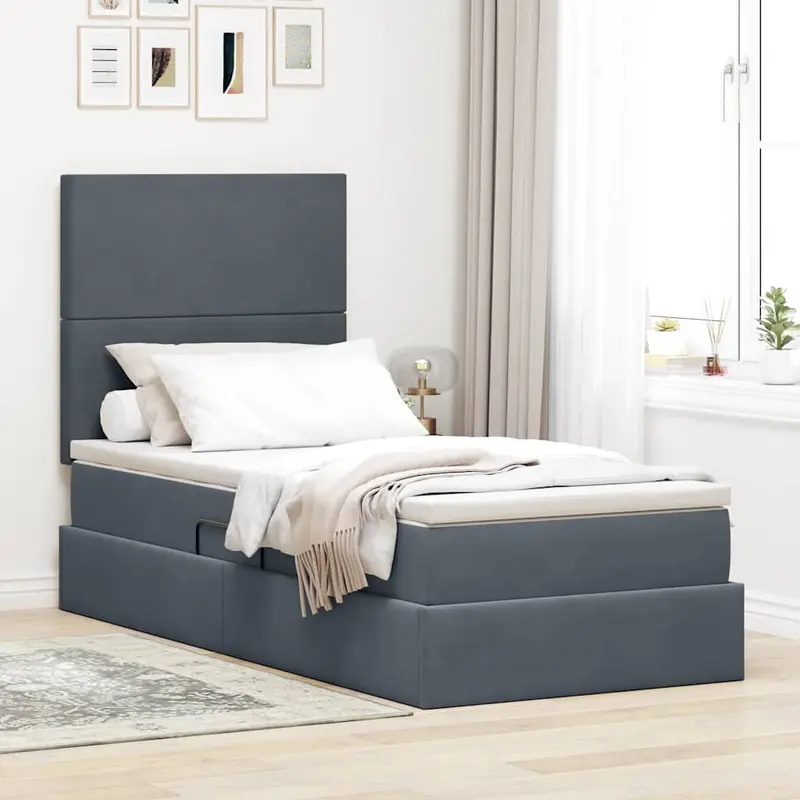 Cama de almacenamiento LED con colchón Gris oscuro 100 x 200 cm