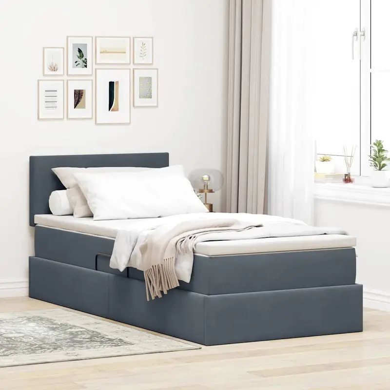 Cama de almacenamiento LED con colchón Gris oscuro 90 x 200 cm