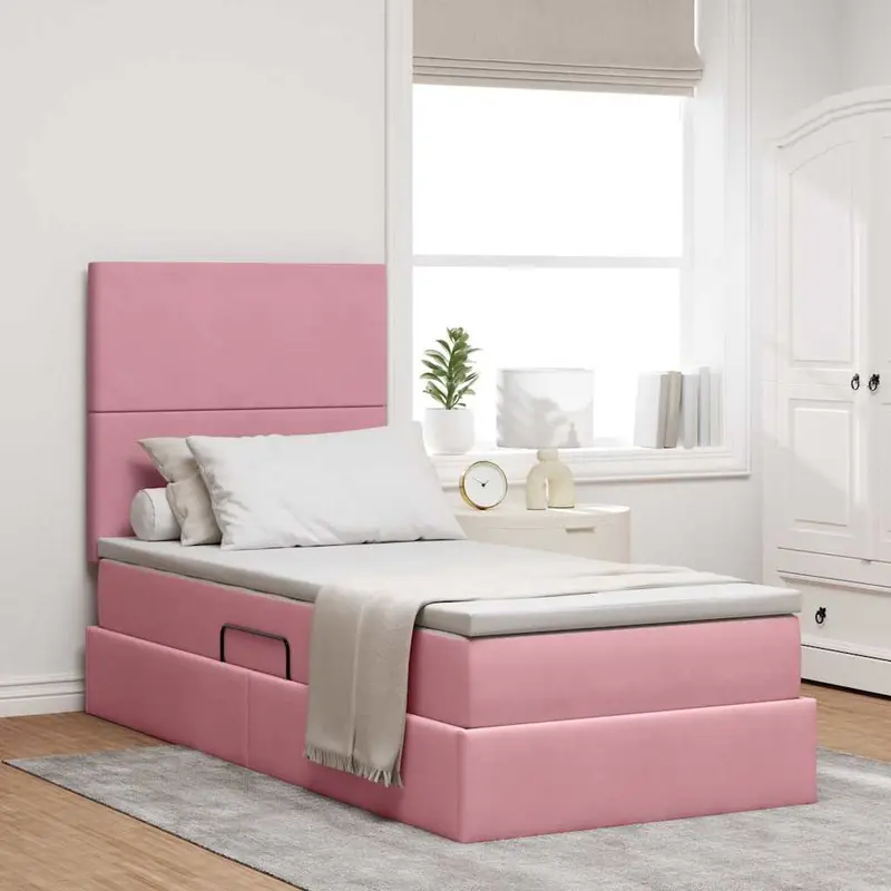 Cama de almacenamiento LED con colchón Rosa 100 x 200 cm