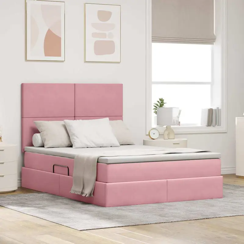 Cama de almacenamiento LED con colchón Rosa 140 x 200 cm