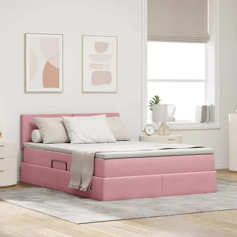 Cama de almacenamiento LED con colchón Rosa 140 x 200 cm