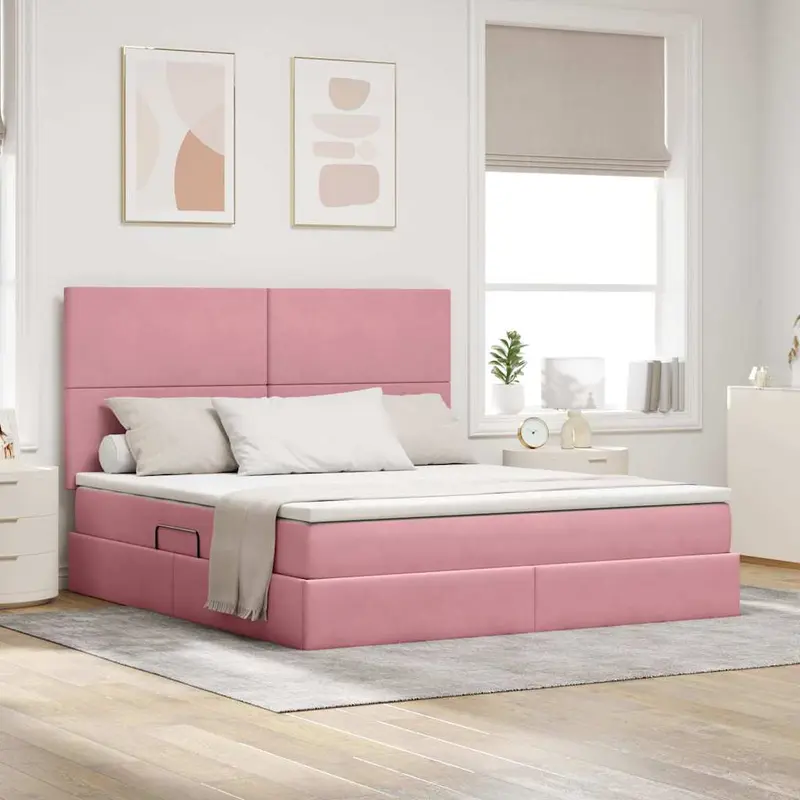 Cama de almacenamiento LED con colchón Rosa 160 x 200 cm