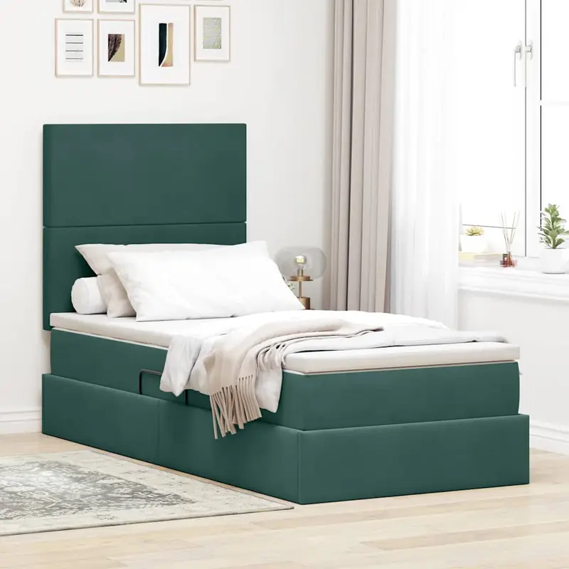 Cama de almacenamiento LED con colchón Verde oscuro 90 x 190 cm