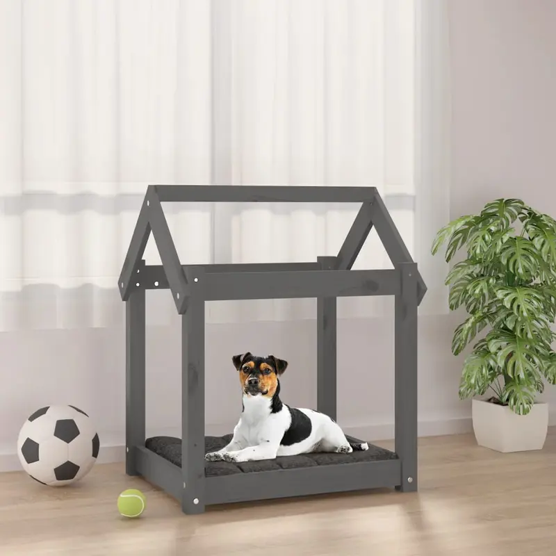 Cama para perros madera maciza de pino gris 61x50x70 cm