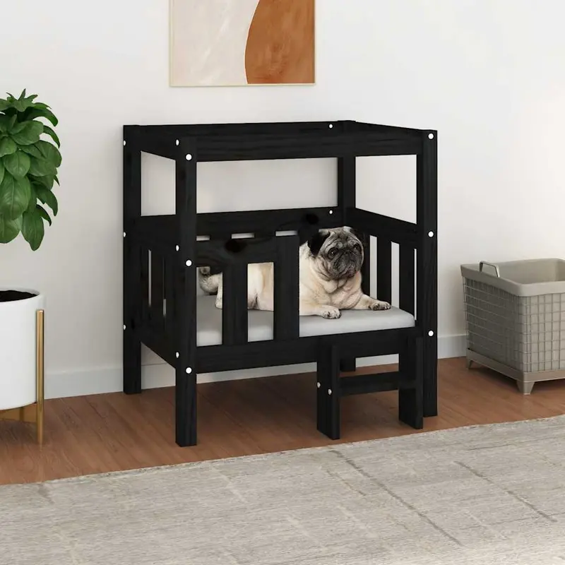 Cama para perros madera maciza de pino negro 65,5x50,5x70 cm