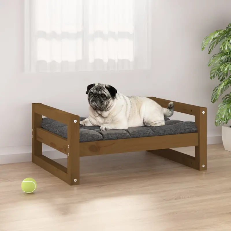 Cama para perros madera maciza pino marrón miel 65,5x50,5x28 cm