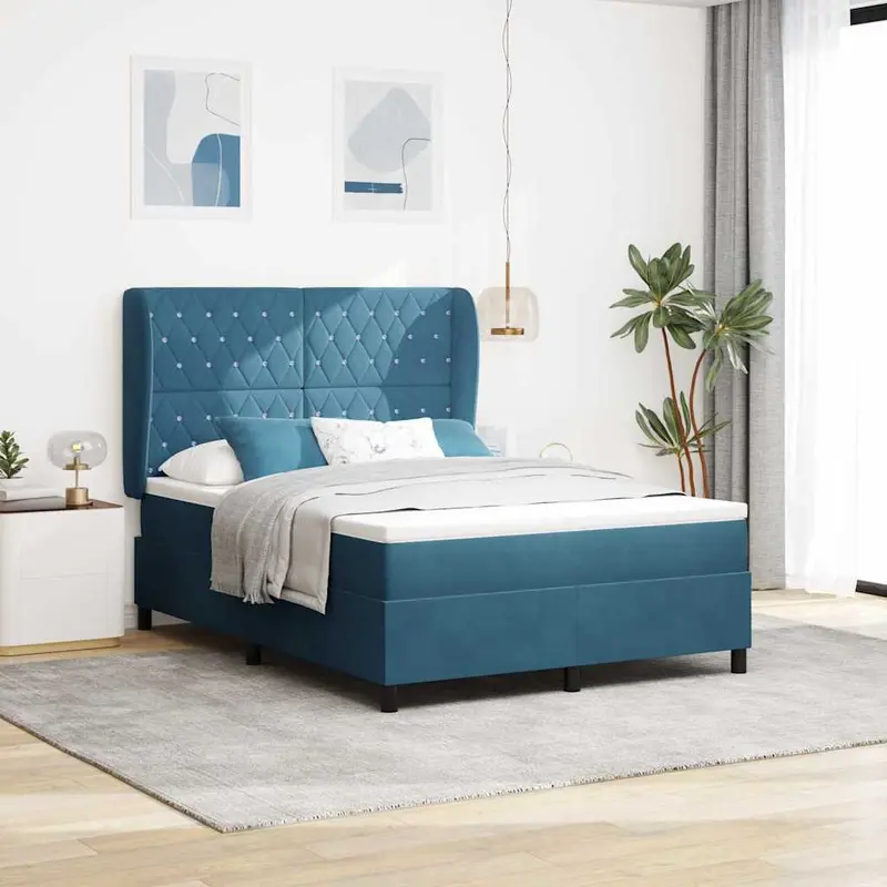 Cama tipo Box Spring Azul Oscuro 190 x 140 cm Terciopelo