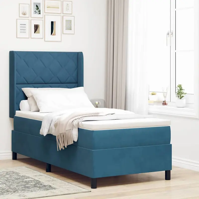 Cama tipo Box Spring con cabecera Azul 100 x 200 cm Terciopelo