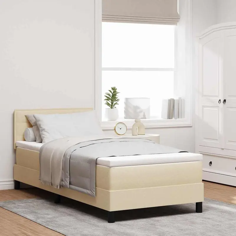 Cama tipo Box Spring con cabecera Crema 100 x 200 cm tela