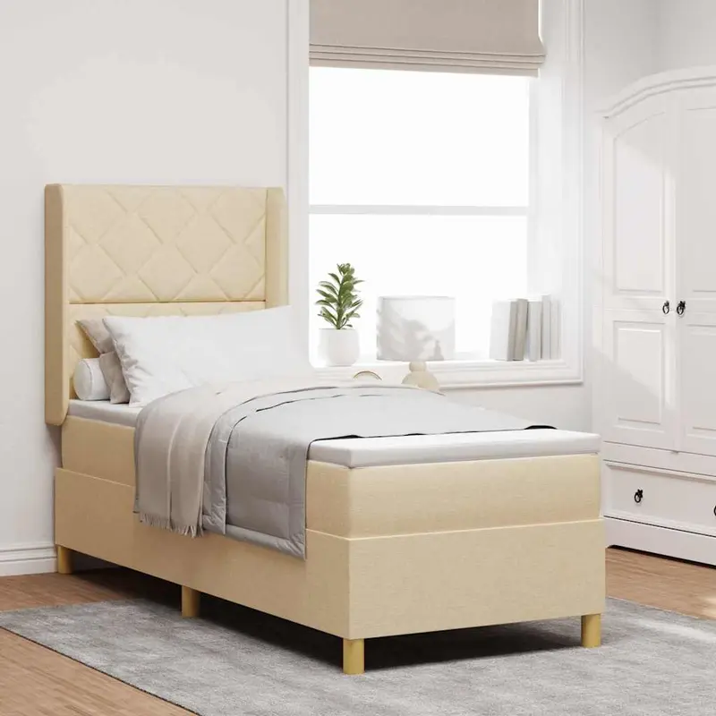 Cama tipo Box Spring con cabecera Crema 80 x 200 cm tela