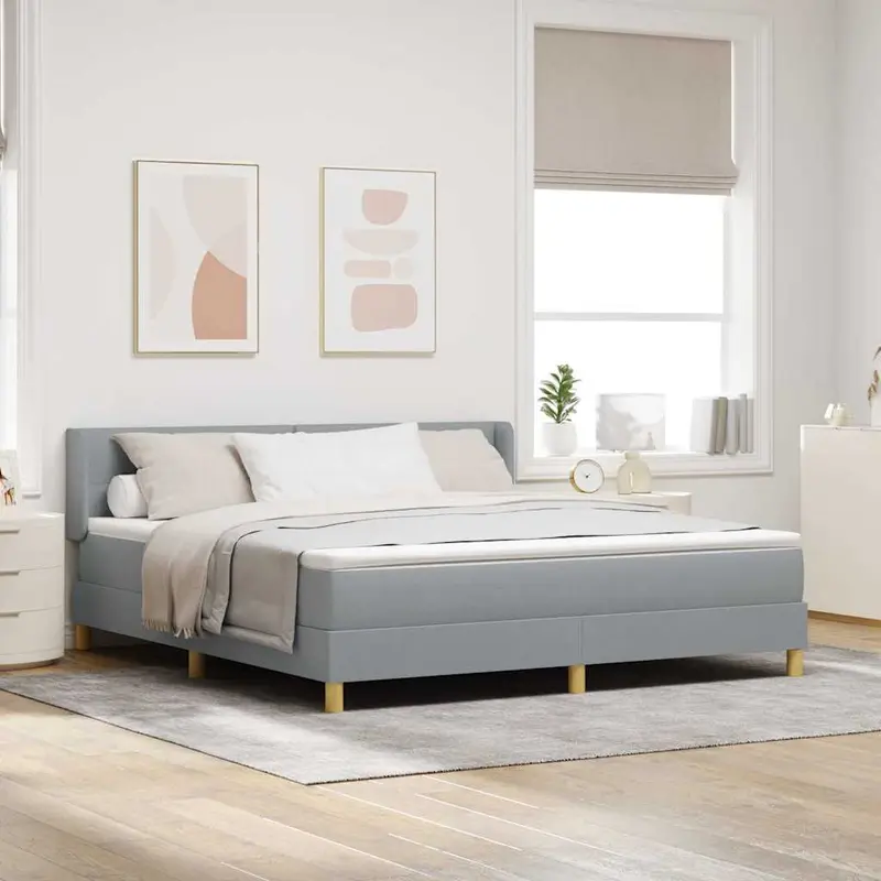 Cama tipo Box Spring con cabecera Gris Claro 200 x 180 cm tela