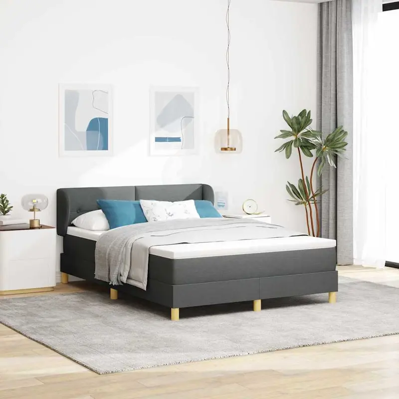 Cama tipo Box Spring con cabecera Gris oscuro 140 x 200 cm tela