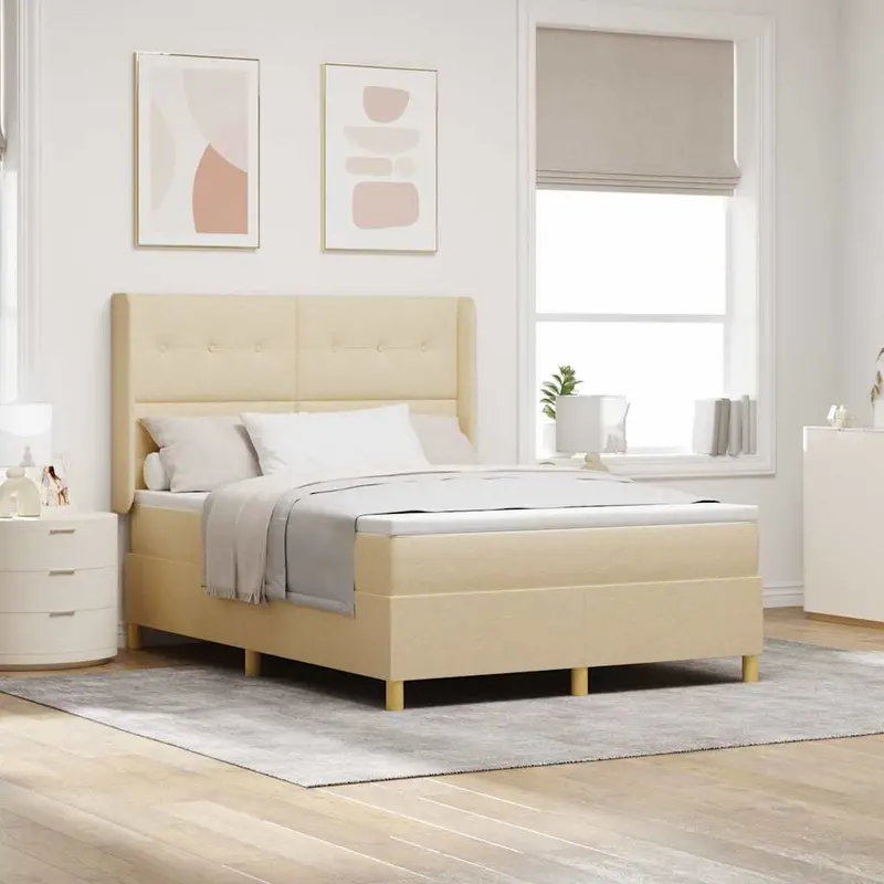 Cama tipo Box Spring con cojín Crema 140 x 200 cm tela