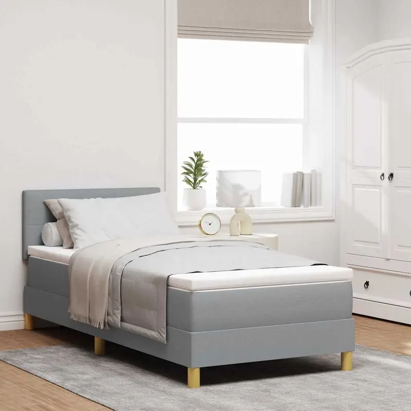 Cama tipo Box Spring con cojín Gris Claro 100 x 200 cm tela