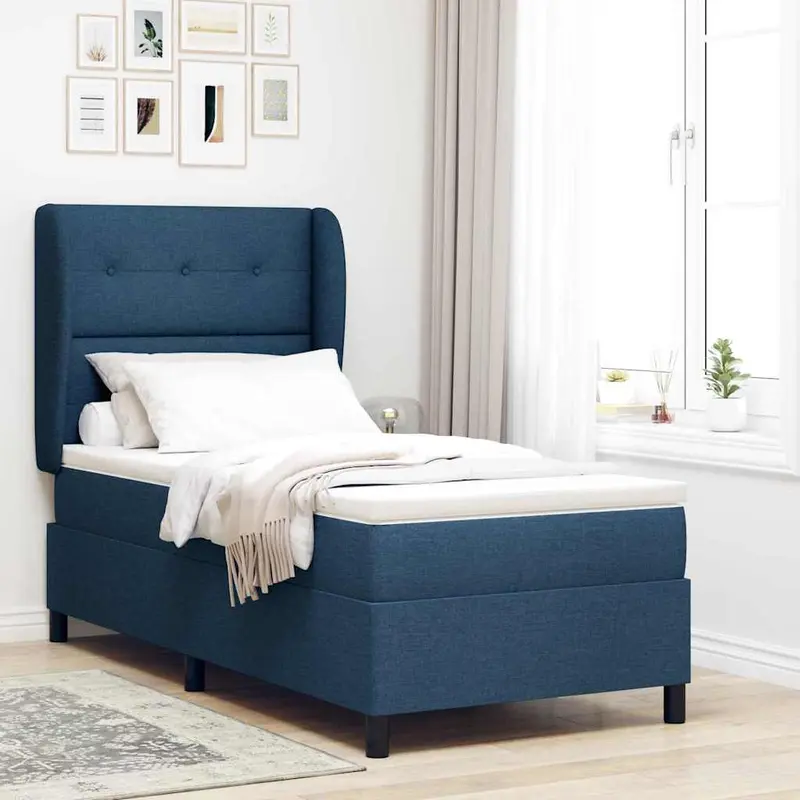 Cama tipo Box Spring con colchón Azul 100 x 200 cm tela
