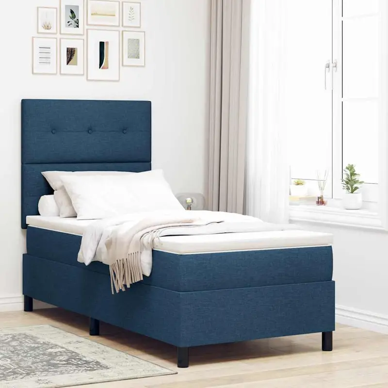Cama tipo Box Spring con colchón Azul 100 x 200 cm tela