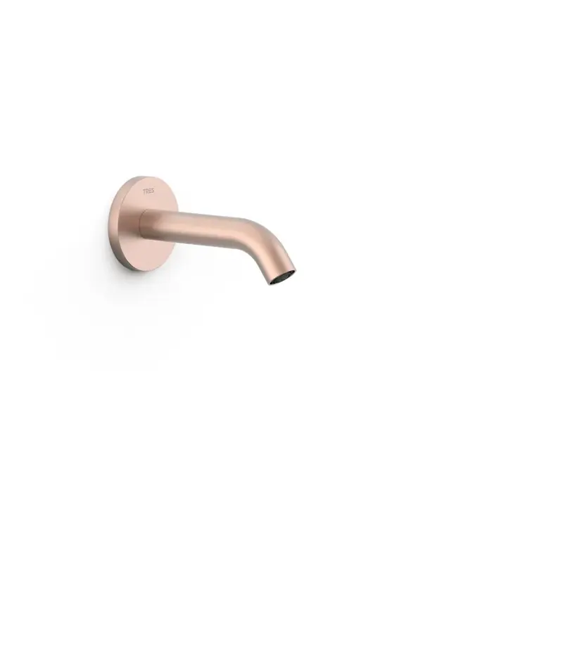 Caño fijo de pared con toma de agua regulable en profundidad en acabado oro rosa mate Complementos Tres