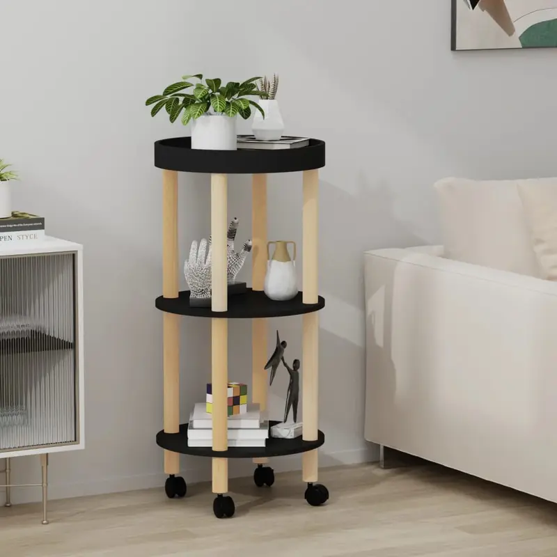 Carrito 3 estantes madera contrachapada pino negro 38x38x82 cm