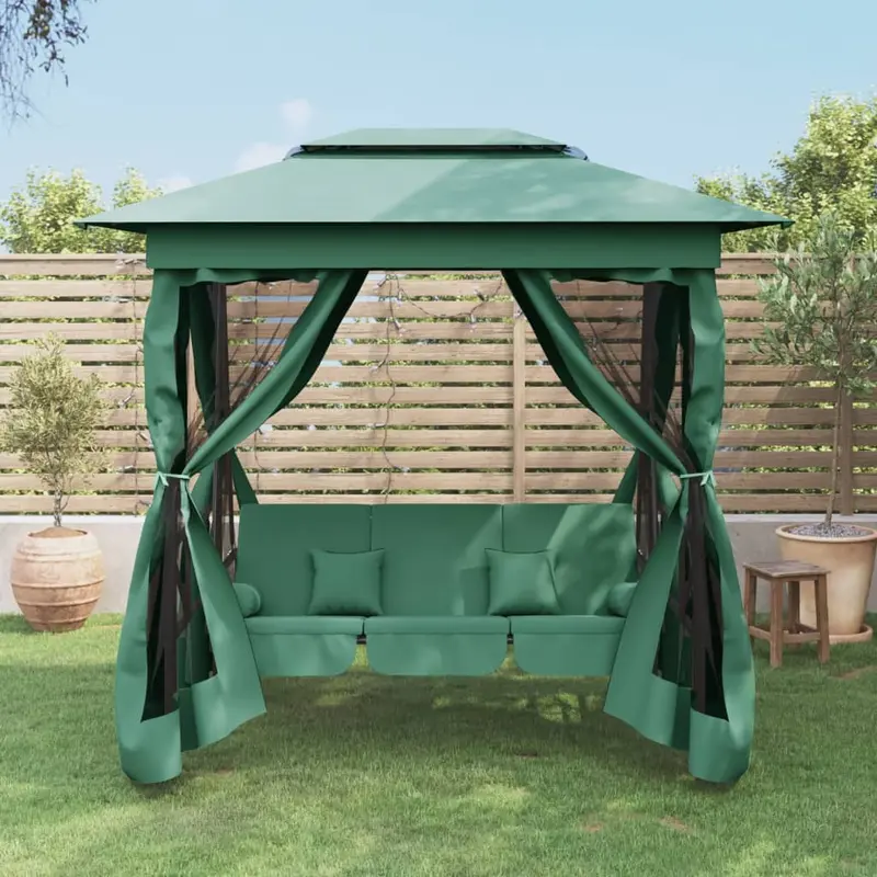Cenador de jardín banco columpio convertible acero y tela verde