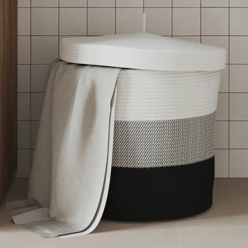 Cesta de almacenaje con tapa algodón blanco y negro Ø40x35 cm