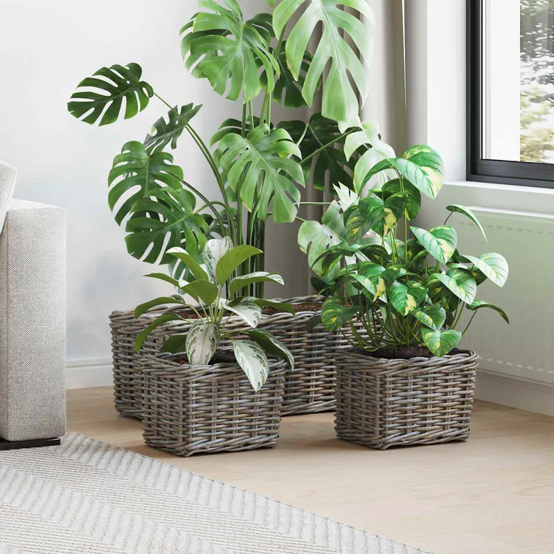 Cesta para Plantas con almacenamiento 3 pcs Gris Ratán Kubu