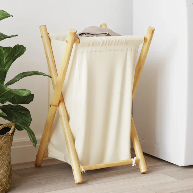 Cesto de la ropa sucia de bambú blanco crema 41,5x36x63,5 cm