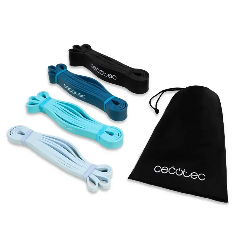 Cintas elásticas DrumFit Power Band set de 4 niveles de resistencia 15 kg a 60 kg con bolsa de transporte Cecotec