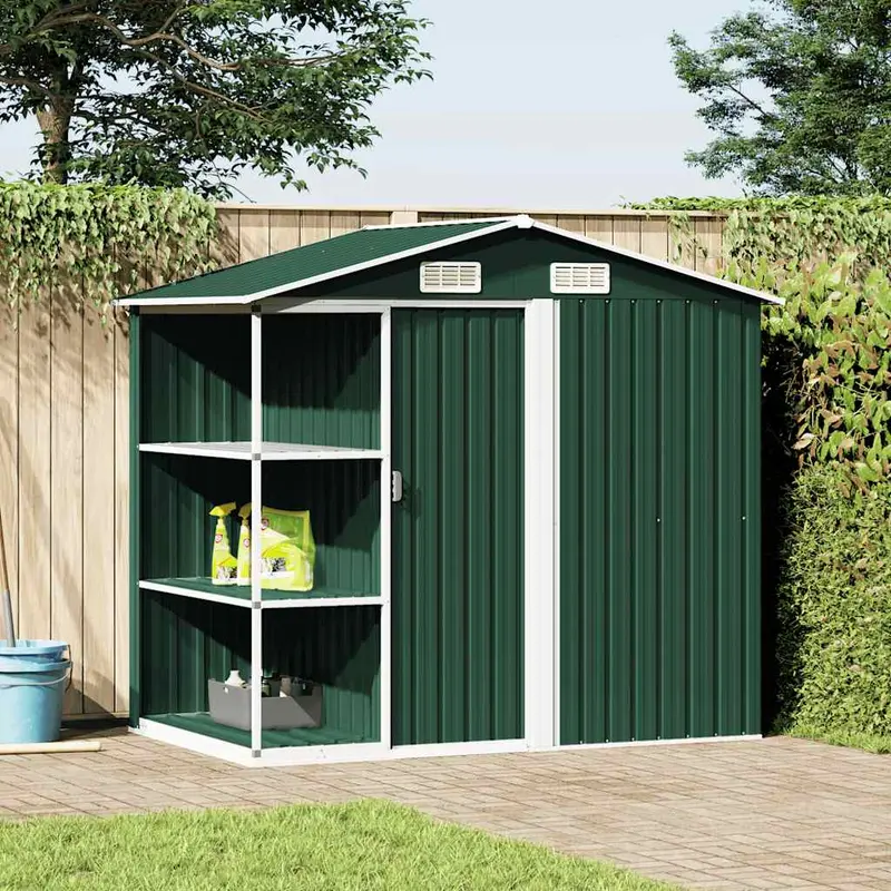 Cobertizo de jardín con estante hierro verde 205x130x183 cm