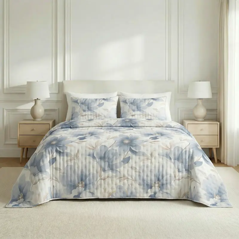 Colcha boutí estampada Bloom Azul tacto suave