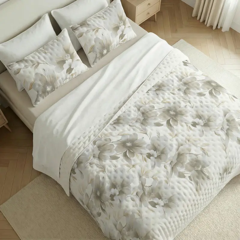 Colcha boutí estampada Bloom Beige tacto suave