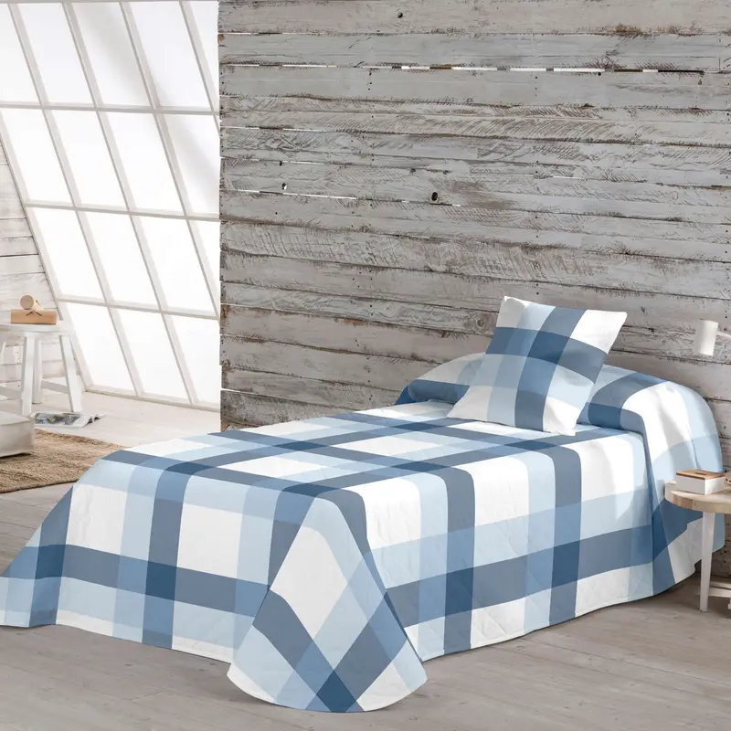 COLCHA BOUTI ESTAMPADA ESCOCES AZUL-BLANCO 100% ALGODÓN