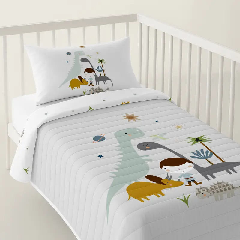 COLCHA BOUTI REVERSIBLE ESTAMPADA BEBÉ CUNA DINOS 100% ALGODÓN