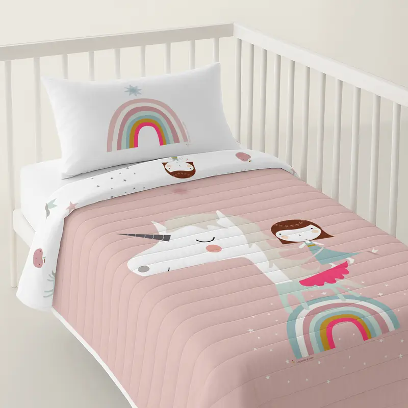 COLCHA BOUTI REVERSIBLE ESTAMPADA BEBÉ CUNA UNICORN PINK 100% ALGODÓN