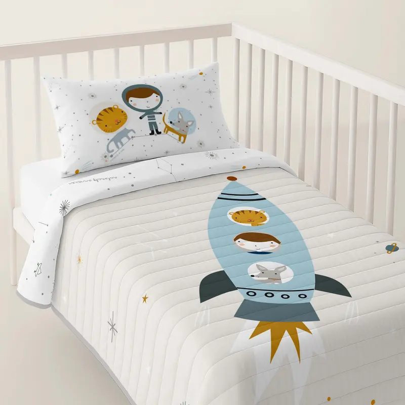 COLCHA BOUTI REVERSIBLE ESTAMPADA BEBÉ CUNA VIAJE ESPACIAL 100% ALGODÓN