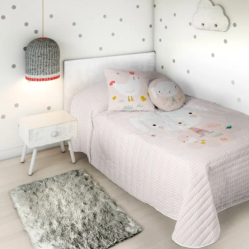 COLCHA BOUTI REVERSIBLE ESTAMPADA INFANTIL GRANJA 100% ALGODÓN