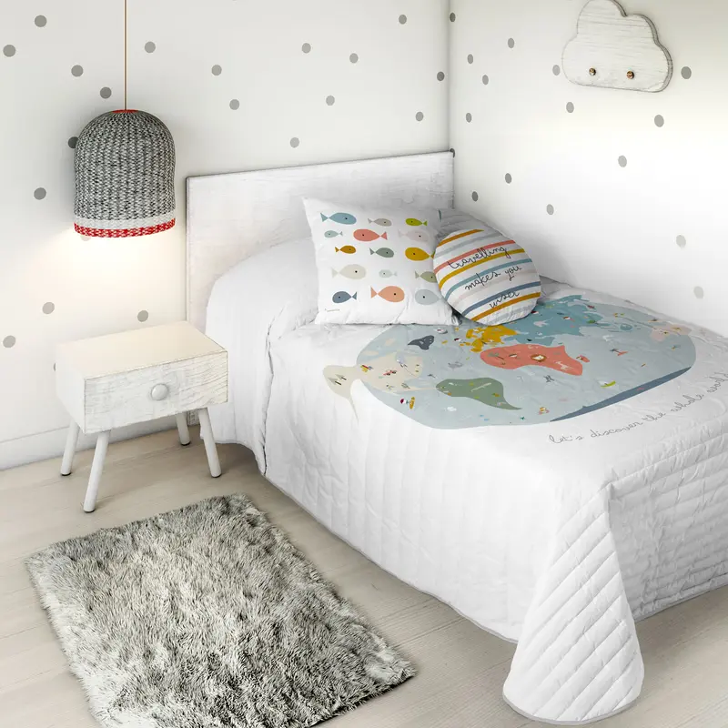 COLCHA BOUTI REVERSIBLE ESTAMPADA INFANTIL MAPAMUNDI 100% ALGODÓN