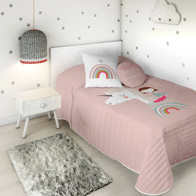 COLCHA BOUTI REVERSIBLE ESTAMPADA INFANTIL UNICORN PINK 100% ALGODÓN