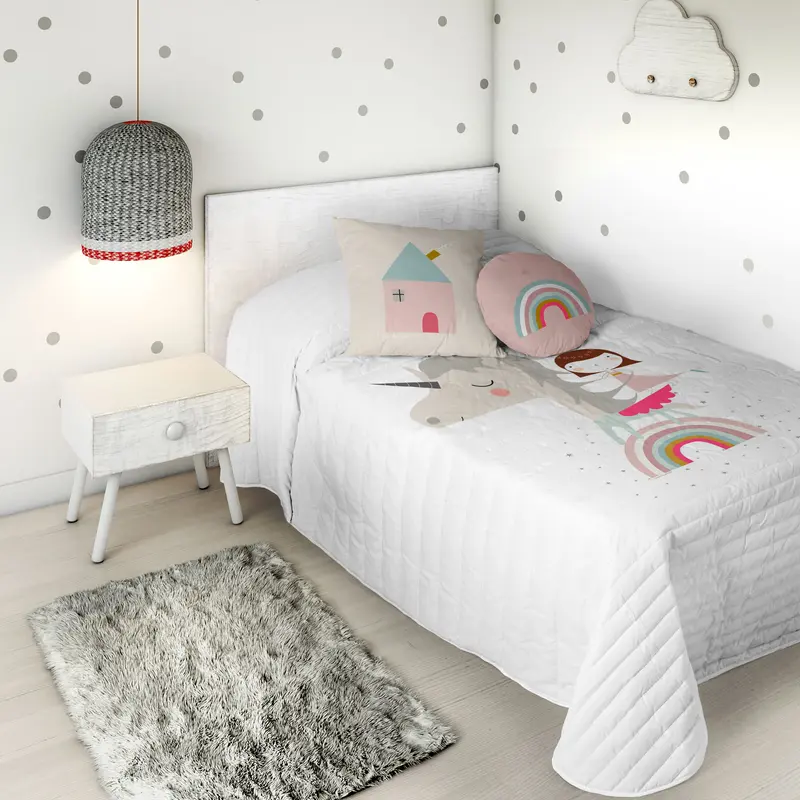 COLCHA BOUTI REVERSIBLE ESTAMPADA INFANTIL UNICORN WHITE 100% ALGODÓN